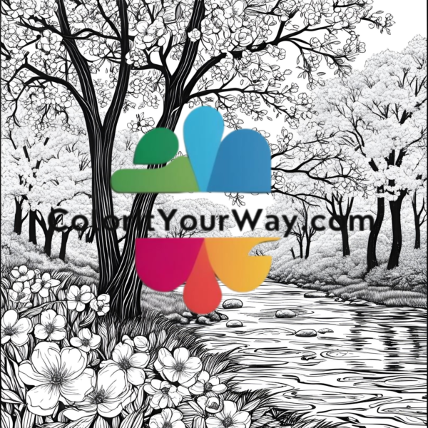 Tranquil Peach Blossom River: A Coloring Journey of Flowing Water & Spring Serenity - Image 7