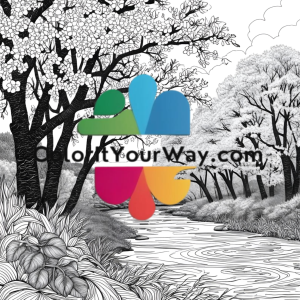 Tranquil Peach Blossom River: A Coloring Journey of Flowing Water & Spring Serenity - Image 8